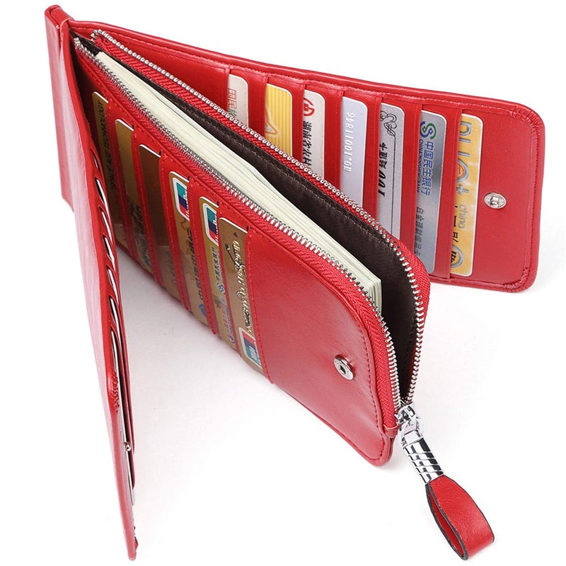 Huztencor Women's Credit Card Holder RFID Blocking Oil Wax Leather Multi Card Organizer Wallet Slim Long Zipper Bi-fold Business Card Case Clutch Wallet with ID Window Red (FBA) - Image 4